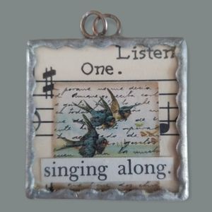 Hand Crafted Soldered Glass Charm Vintage Papers "Singing Along"